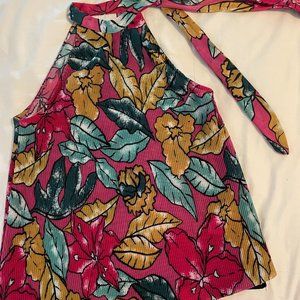 Maeve for Anthropologie Glocester pink pleated tie neck floral top